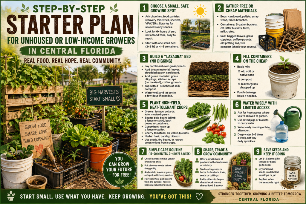 Step‑by‑step starter plan for unhoused or low‑income growers in Central Florida